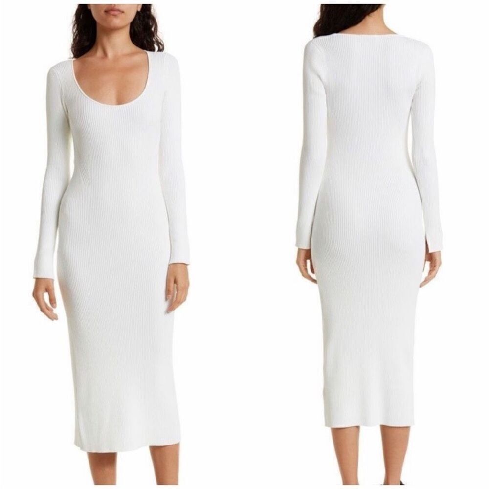 GANNI Ribbed Mélange Knit Long Sleeve Midi Dress White $295